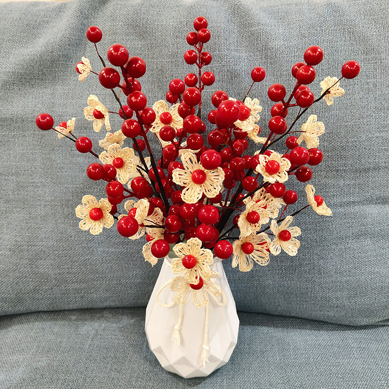 Green Berry Branch And Red Flower Cutting Arrangement Material Vase Set