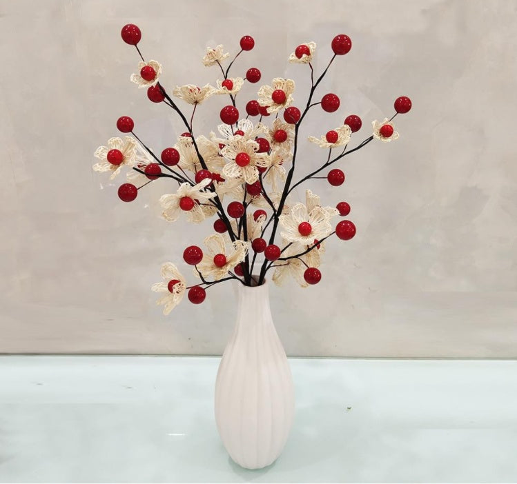 Green Berry Branch And Red Flower Cutting Arrangement Material Vase Set