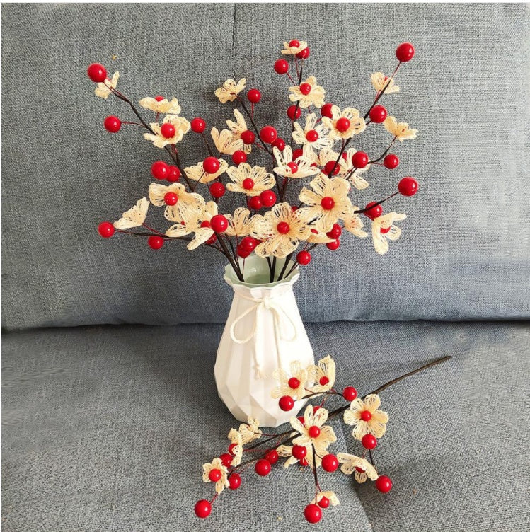 Green Berry Branch And Red Flower Cutting Arrangement Material Vase Set