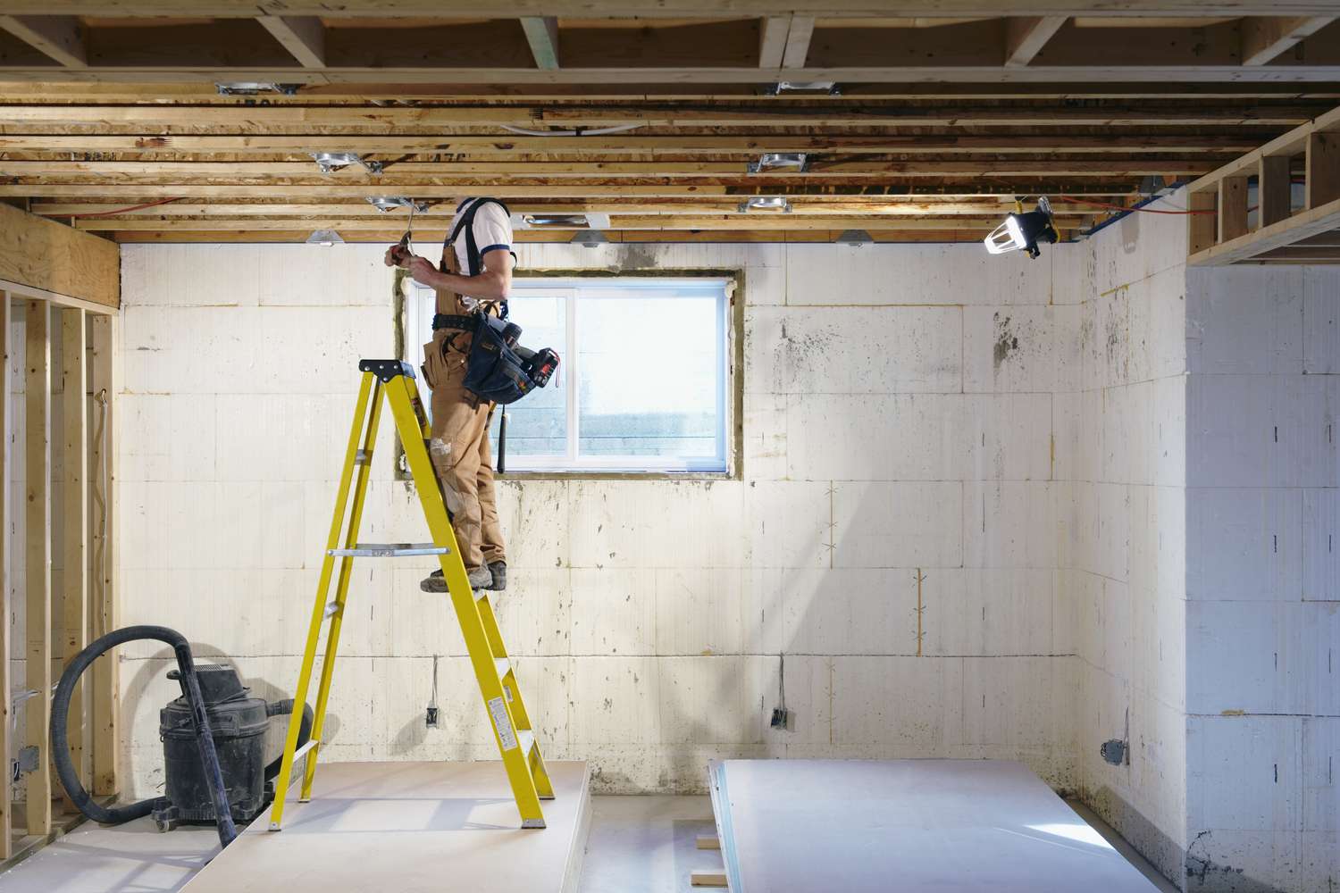 Homme sur une échelle dans une nouvelle maison